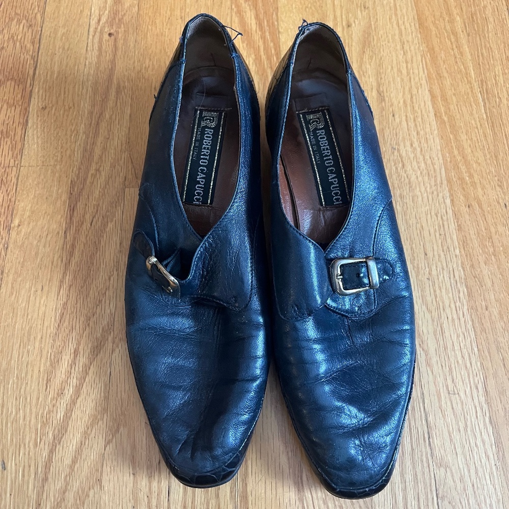 Vintage Roberto Capucci Mary Janes Navy Blue with Gold Accents